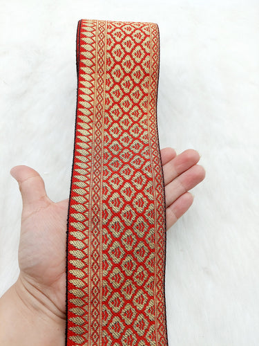 Jacquard Saree Border, Red And Gold Woven Thread Work Trim, Jacquard Trimming Decorative Trim